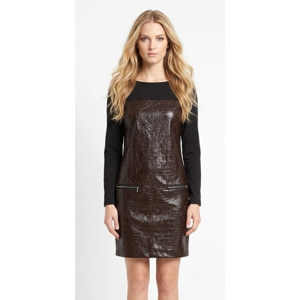 Maggie London Black Dress W/ Simulated Embossed Alligator Leather Size 6
